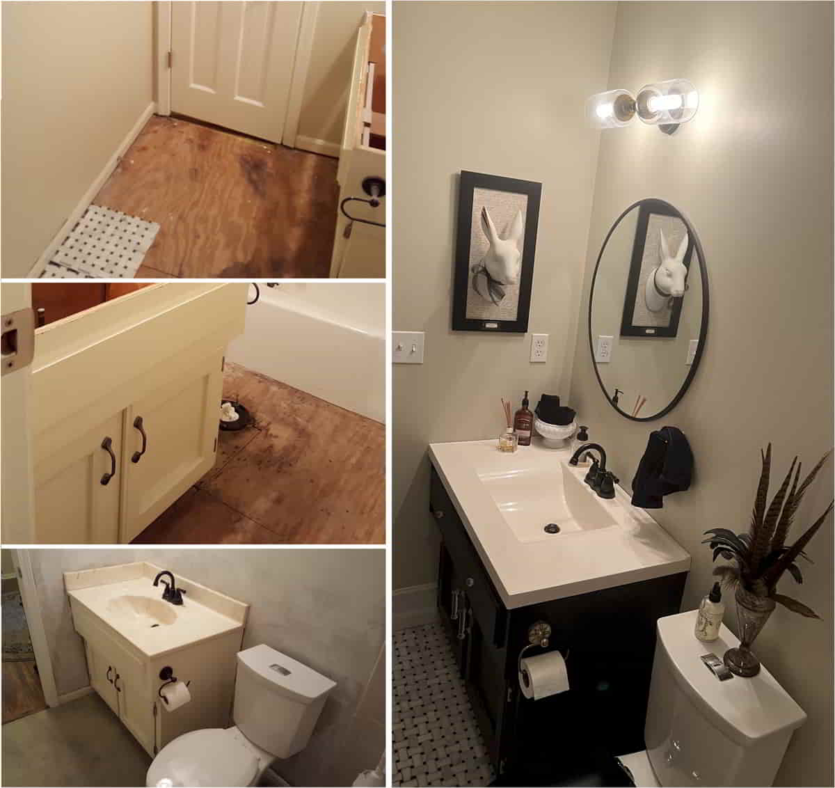 Guest bathroom remodel with vanity, mirror, lighting, flooring, and fixture updates