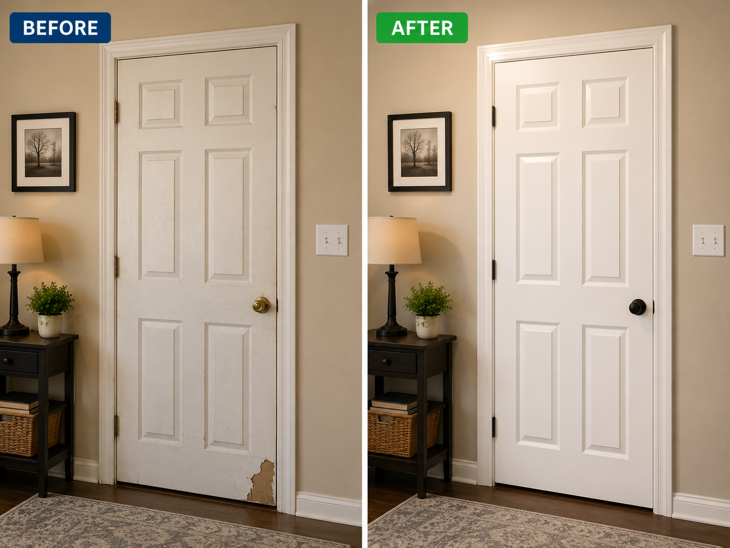 Repaired door with new knob and hinges